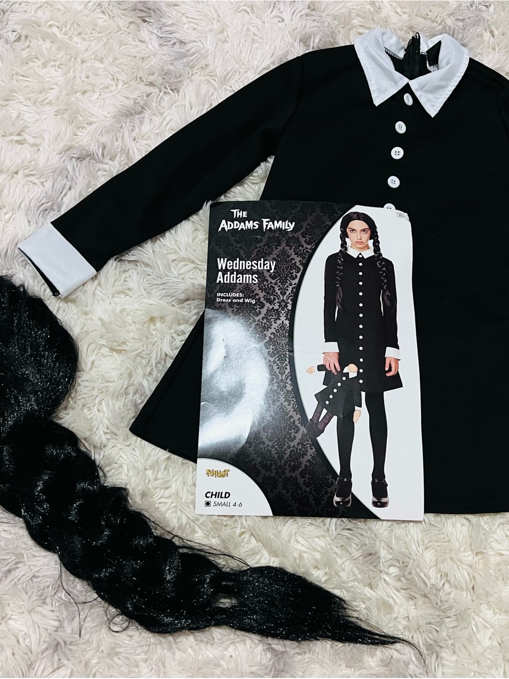 Spirit Wednesday Addams Black and White Child Costume with Braided Wig